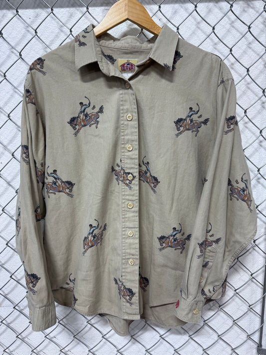 Vintage Barn Fly Western All Over Print Cowboy Horse Button Up Shirt Size Large