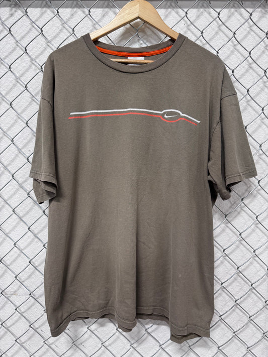 Y2K Nike Small Swoosh Stripe Logo Brown Tee Size XL