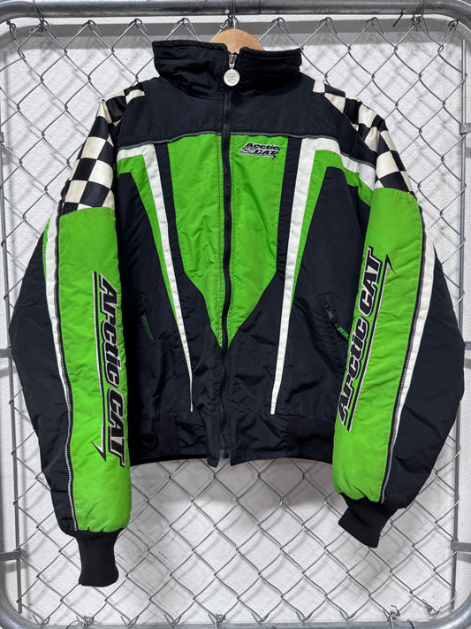 Vintage Arctic Cat Snowmobile Racing Black Green Jacket Size Medium