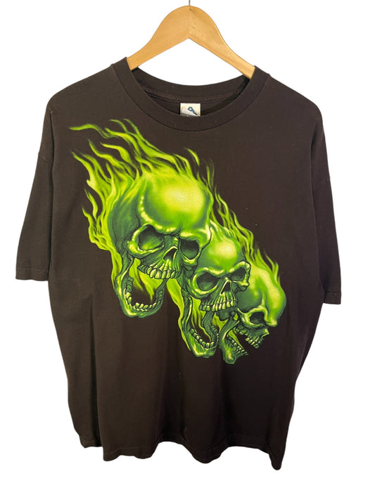 Vintage Y2K Green Skulls Big Print Graphic Tee Size XL