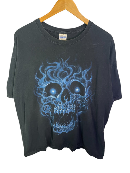 Vintage Y2K Blue Skull Big Print Graphic Tee Size XL