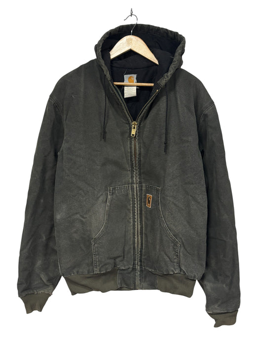 Vintage Carhartt J130 Moss Green Hooded Zip Up Faded Work Jacket Size Medium
