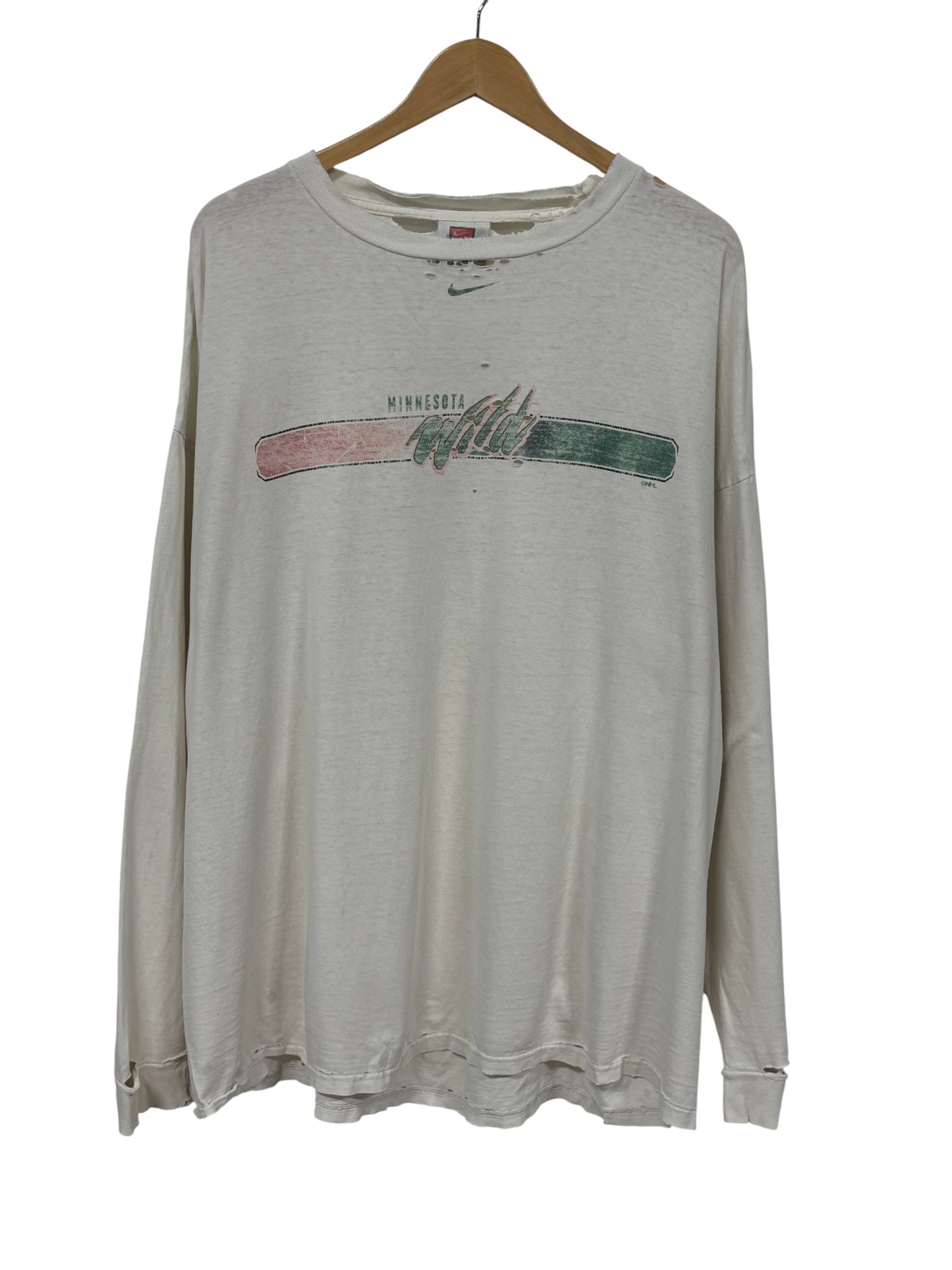 Vintage Thrashed Nike Minnesota Wild NHL Swoosh Long Sleeve Shirt Size XXL