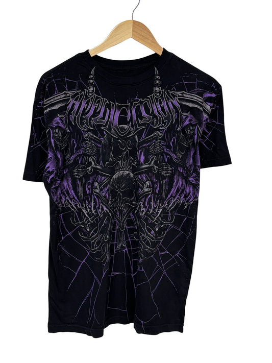 Vintage Y2K Affliction Black Purple Skull Big Print Graphic Tee Size Large