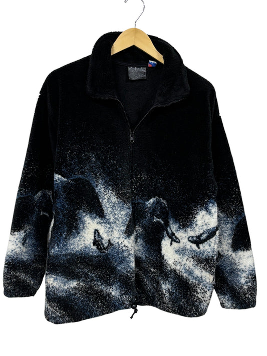 Vintage 90's Grizzly Bear Fishing Black Fleece Zip Up Jacket Size XL