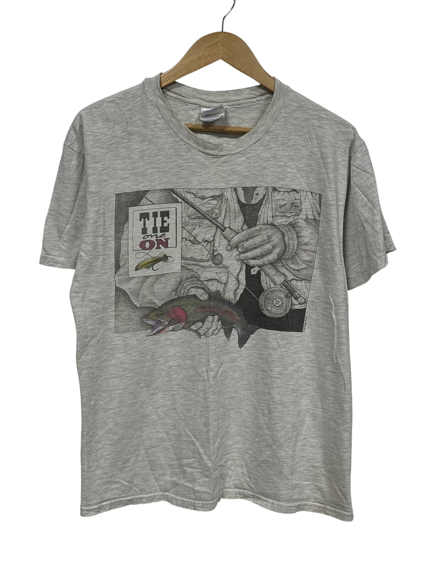 Vintage 90's Tie One On Fly Fishing Graphic Tee Size Large