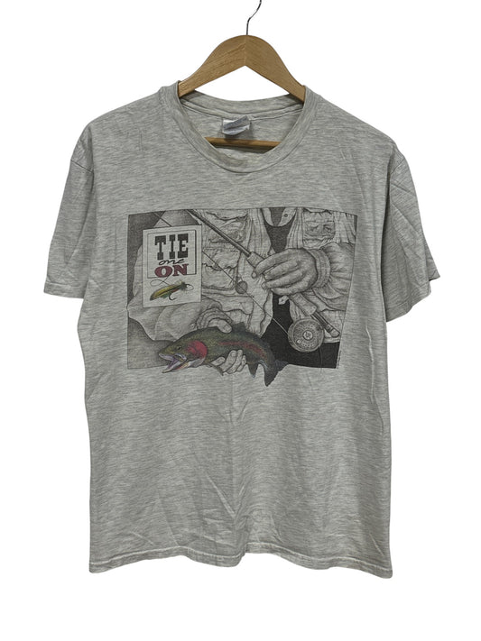 Vintage 90's Tie One On Fly Fishing Graphic Tee Size Large