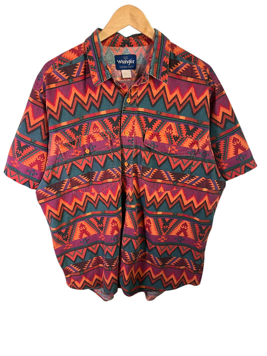 Vintage Wrangler Aztec Print Western Button Up Short Sleeve Size XL