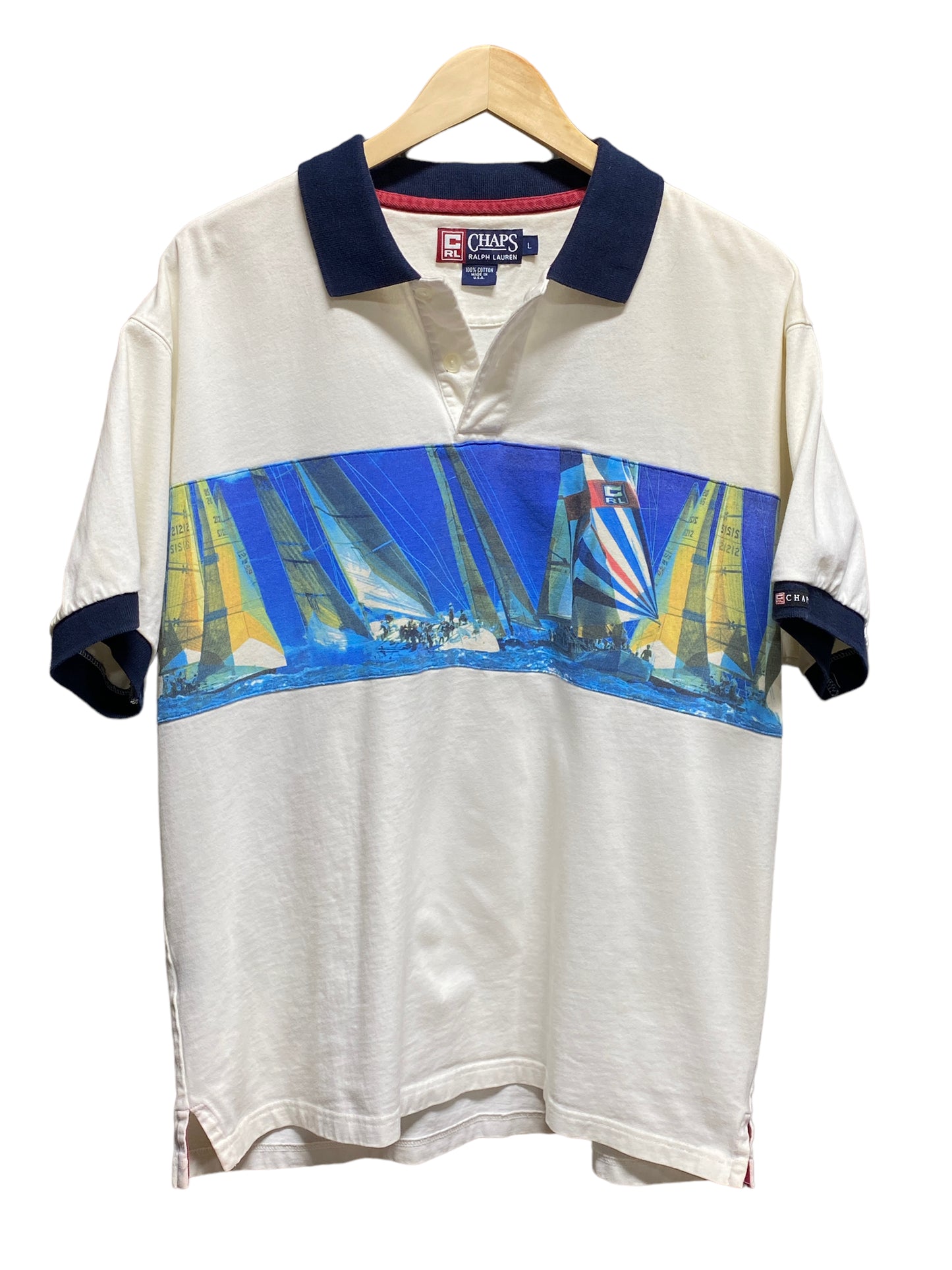 Vintage 90's Chaps Ralph Lauren Sailing Graphic Polo Made in USA Size Large